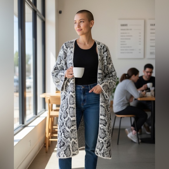 Akemi + Kin Sweaters - Open Front Snake Print Cardigan in Ivory & Gray